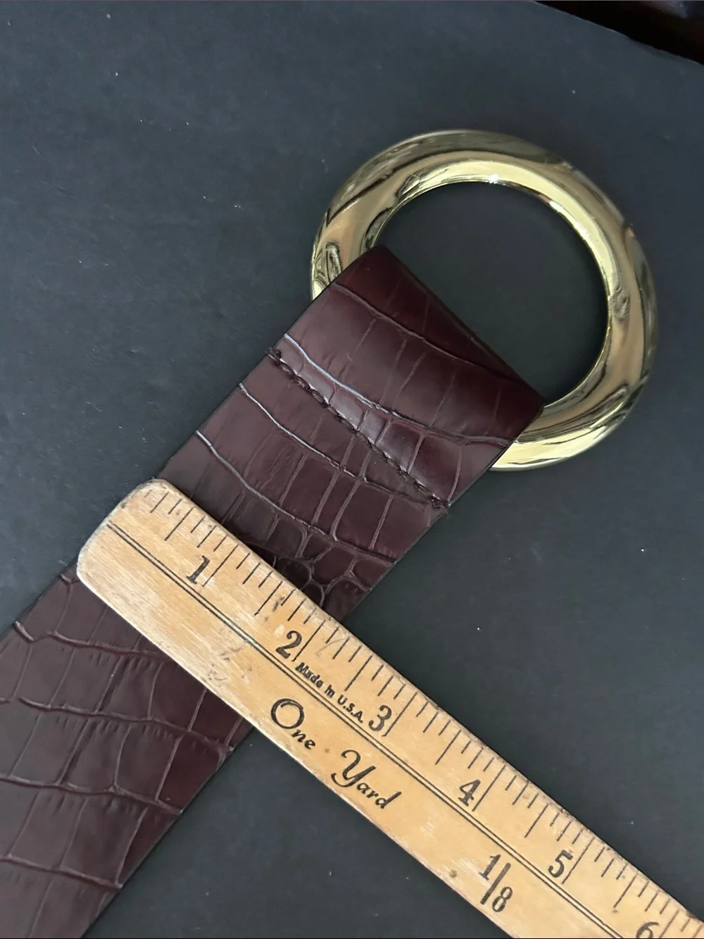 Wide Croc-Embossed Burgundy Stretch Belt with Gold Ring